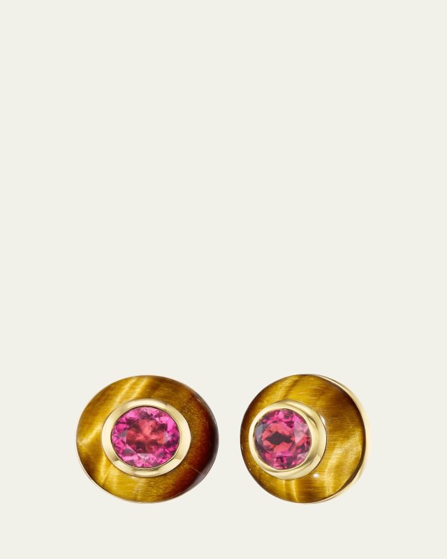 18K Yellow Gold Button Stud Earrings with Tourmaline and Tiger's Eye